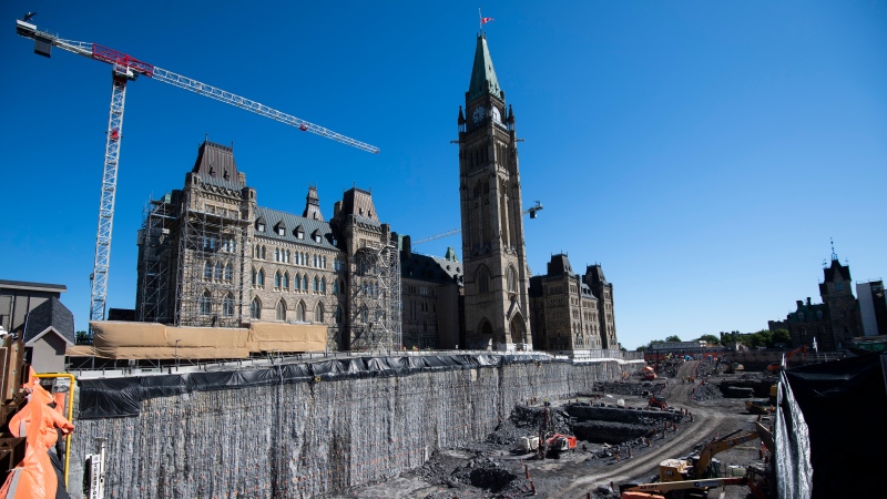 The ground in front of Parliament Hill's Centre Block is excavated for the building of the new welcome centre, seen during a media tour of Centre Block renovations on Parliament Hill in Ottawa, on Wednesday, June 16, 2021. THE CANADIAN PRESS/Justin Tang