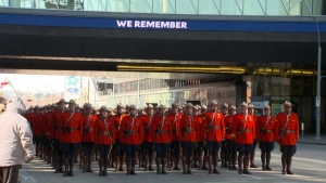 RCMP officers outside Rogers Place for the regimental funeral of Constables Travis Jordan and Brett Ryan.