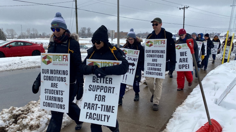 Faculty members and supporters walk the picket line in Charlottetown as a UPEI faculty strike enters its second week. (Jack Morse/CTV) 