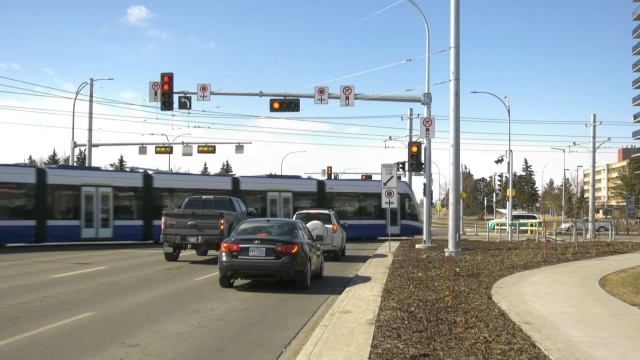 A Valley Line LRT car undergoes system testing at 28 Avenue and 66 Street in south Edmonton on Monday, March 27, 2023 (CTV News Edmonton/Marek Tkach).