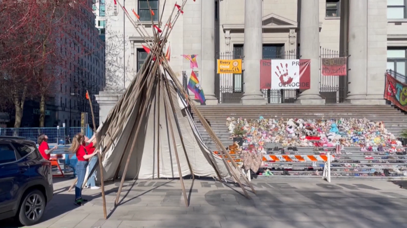 A tipi is erected at the residential school memorial outside the Vancouver Art Gallery in downtown Vancouver on March 27, 2023. 