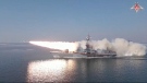 In this photo made from video provided by the Russian Defence Ministry Press Service, March 28, 2023, a Russian navy boat launches an anti-ship missile test in the Peter The Great Gulf in the Sea of Japan. (Russian Defence Ministry Press Service via AP)