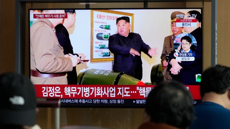 A TV screen shows an image of North Korean leader Kim Jong Un during a news program at the Seoul Railway Station in Seoul, South Korea, on March 28, 2023. (Ahn Young-joon / AP) 
