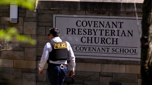 An entrance to The Covenant School after a shooting in Nashville, Tenn. on March 27, 2023. (John Amis / AP) 