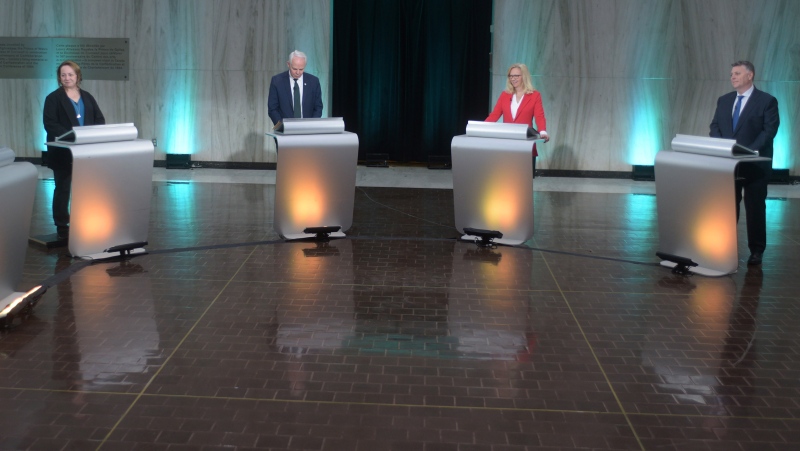 Left to right, New Democratic Party Leader Michelle Neill, Green Party Leader Peter Bevan-Baker, Liberal Party Leader Sharon Cameron and Progressive Conservative Leader Dennis King take part in the leaders debate in Charlottetown Monday March 27, 2023. (THE CANADIAN PRESS/Brian McInnis)