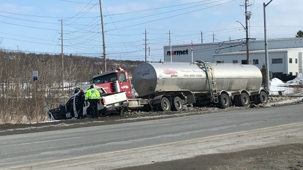Crash between pickup truck and tanker on MR55. March 28/23 (Amanda Hicks/CTV Northern Ontario)