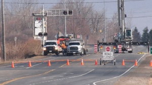 A section of Highway 3 near St. Thomas is closed for repairs to the railway track. March 28m, 2023, (Gerry Dewan/CTV News London)