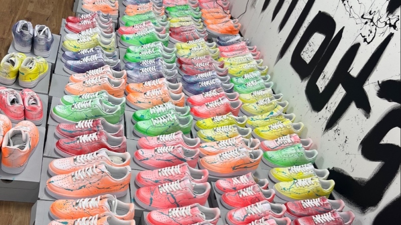 One hundred pairs of Nike Air Force 1s painted by Toronto artist Daniel Mazzone. 
