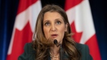 Deputy Prime Minister and Finance Minister Chrystia Freeland speaks during a news conference before delivering the Federal budget, Tuesday, March 28, 2023 in Ottawa. THE CANADIAN PRESS/Adrian Wyld 