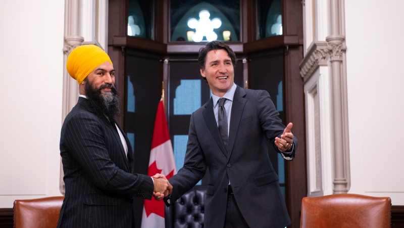 NDP leader Jagmeet Singh meets with Prime Minister Justin Trudeau on Parliament Hill in Ottawa on Thursday, Nov. 14, 2019. THE CANADIAN PRESS/Sean Kilpatrick 