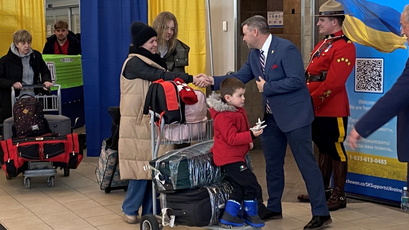 A plane full of Ukrainians landed at Regina airport on Monday. 230 people are fleeing the war in their home country, and were warmly welcomed by Minister Jeremy Harrison and the Saskatchewan Government. (Gareth Dillistone / CTV News) 