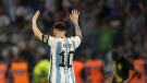 Argentina's Lionel Messi celebrates scoring during an international friendly soccer match against Curacao in Santiago del Estero, Argentina, Tuesday, March 28, 2023. (AP Photo/Nicolas Aguilera)