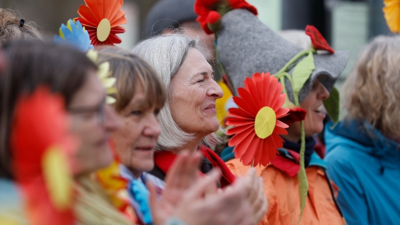 Swiss retirees demonstrate outside the European Court of Human Rights in Strasbourg, eastern France, on March 29, 2023. (Jean-Francois Badias / AP) 