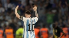 Argentina's Lionel Messi celebrates scoring the opening goal during an international friendly soccer match against Curacao in Santiago del Estero, Argentina, on March 28, 2023. (AP)