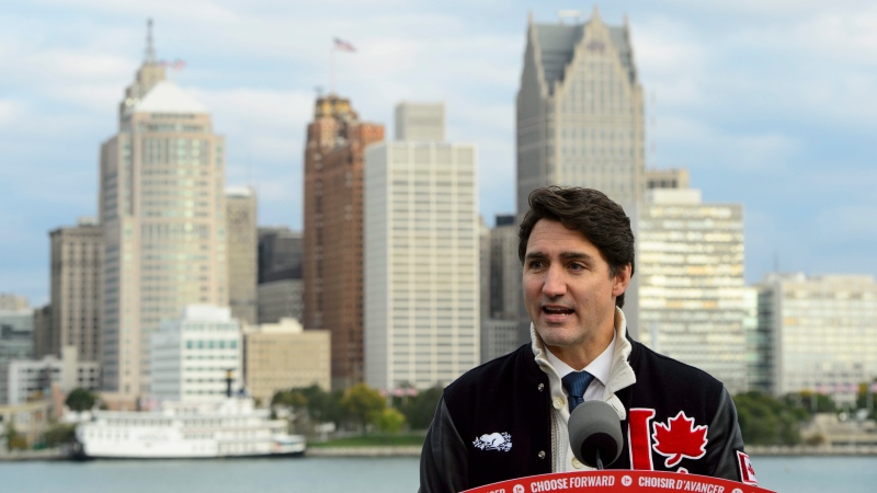 A view of the city of Detroit, provides a backdrop as Liberal leader Justin Trudeau speaks during an event at St. Clair College in Windsor, Ont., on Monday Oct. 14, 2019. (Source: THE CANADIAN PRESS/Sean Kilpatrick)