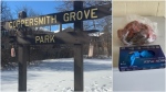 Meat is shown hanging from a sign at a Mississauga park. Large amounts of meat are being left in public parks across Mississauga in an apparent attempt to feed wild animals and officials say that they are growing increasingly concerned about the practice. (City of Mississauga)