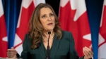 Deputy Prime Minister and Finance Minister Chrystia Freeland speaks during a news conference before delivering the Federal budget, Tuesday, March 28, 2023 in Ottawa. THE CANADIAN PRESS/Adrian Wyld