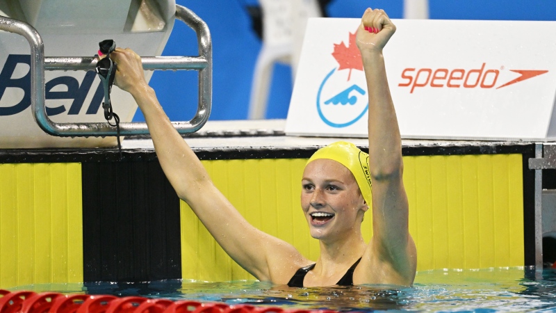 Summer McIntosh celebrates her world record time in the women's 400-metre freestyle event at the 2023 Canadian swimming trials in Toronto in this Tuesday, March 28, 2023 handout photo. THE CANADIAN PRESS/HO, Swimming Canada, Scott Grant *MANDATORY CREDIT* 