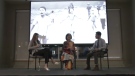 Peace activist Kim Phuc Phan Thi (middle) speaking at an event at Wilfrid Laurier University on March. 29. (CTV Kitchener)