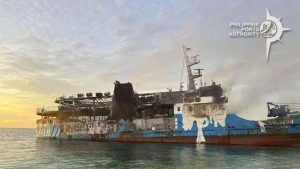 In this handout photo provided by the Philippine Ports Authority Zamboanga, the remains of the MV Lady Mary Joy is seen in Basilan, southern Philippines Thursday March 30, 2023. (Philippine Ports Authority Zamboanga via AP)