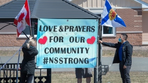 Workers at an extended care facility show their community support in Debert, N.S. on Tuesday, April 21, 2020.  (The alleged killer was shot and killed by police. (THE CANADIAN PRESS/Andrew Vaughan)