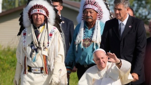 FILE - Pope Francis arrives for a pilgrimage at the Lac Saint Anne, Canada, on July 26, 2022. The Vatican on Thursday, March 30, 2023, responded to Indigenous demands and formally repudiated the “Doctrine of Discovery,” the theories backed by 15th-century “papal bulls” that legitimized the colonial-era seizure of Native lands and form the basis of some property law today. (AP Photo/Gregorio Borgia, File)