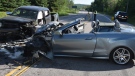A pickup truck and convertible car are pictured after a deadly head-on collision on Highway 12 in Waubaushene, Ont., on July 4, 2020. (Source: OPP/Court Exhibit)