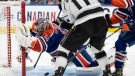 Edmonton Oilers' goalie Stuart Skinner (74) makes the save against the Los Angeles Kings during third period NHL action in Edmonton on Thursday March 30, 2023. (THE CANADIAN PRESS/Jason Franson)
