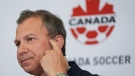 Canada Soccer president Nick Bontis during a news conference in Vancouver, on June 5, 2022. (Darryl Dyck / THE CANADIAN PRESS)