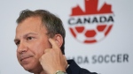 Canada Soccer president Nick Bontis during a news conference in Vancouver, on June 5, 2022. (Darryl Dyck / THE CANADIAN PRESS)