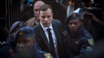 In this July 6 2016 file photo Oscar Pistorius, centre, arrives at the High Court in Pretoria, South Africa where he was sentenced to six years for the the killing of his girlfriend Reeve Steenkamp. (AP Photo/Shiraaz Mohamed, File)