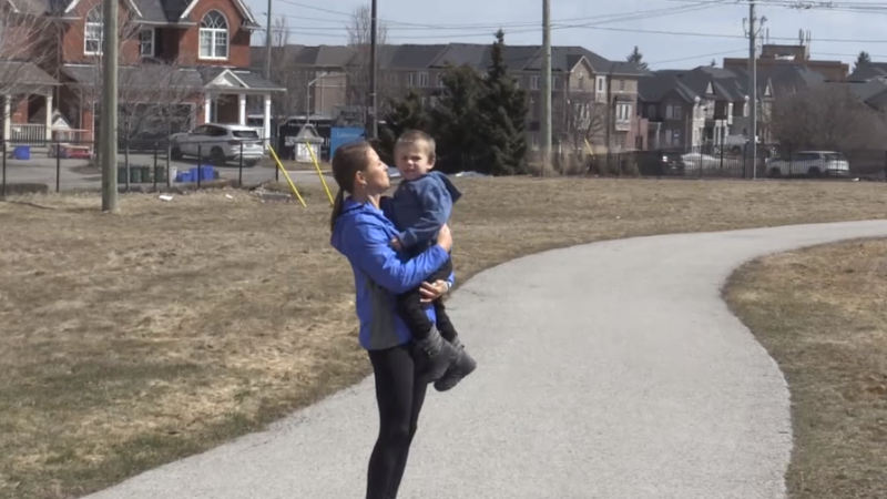 Kelly Mahar and her son Quinn before the marathon for autism begins Saturday. (CTV NEWS BARRIE/Steve Mansbridge)