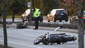 Surrey RCMP say one man is dead and another is seriously injured after two motorcycles crashed in Cloverdale on March 30. (Credit: Curtis Kreklau)