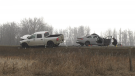 A two vehicle crash on Highway 19 west of the Edmonton International Airport on March 31, 2023.