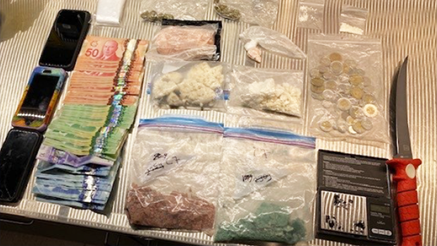 Provincial police display evidence allegedly seized during an arrest in Orillia, Ont., on Thurs., March 30, 2023. (Supplied)