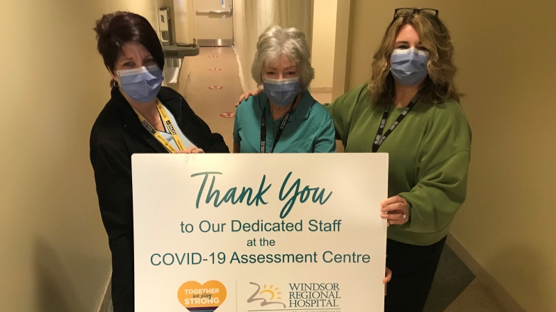 Patty Boucher, Shelley Farrand and Kelly Heron have all worked from Day 1 at Windsor Regional Hospital’s COVID-19 Assessment Centre in Windsor, Ont. on Friday, Mar. 31, 2023. (Michelle Maluske/CTV News Windsor)