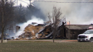 The North Middlesex Fire Department battled a barn fire on Springbank Road near Parkhill, Ont. on April 1, 2023. (Daryl Newcombe/CTV News London)