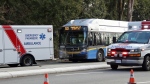 Images from the scene show a 503 bus stopped on Fraser Highway near 148 Street. (CTV)