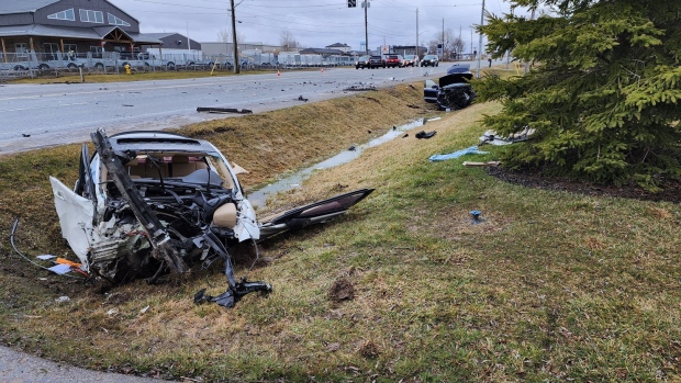 The wreckage after a head-on crash on Colborne Street in Brantford, Ont. on April 1, 2023. (Courtesy: Twitter/@Media371)