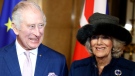 King Charles III and Queen Consort Camilla stand at Hamburg City Hall, Germany, Friday, March 31, 2023. ( Georg Wendt/dpa via AP)
