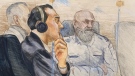 A sketch shows Ibrahim Ali as he stands trial for the first-degree murder of a 13-year-old girl. The trial began on April 5, 2023. 