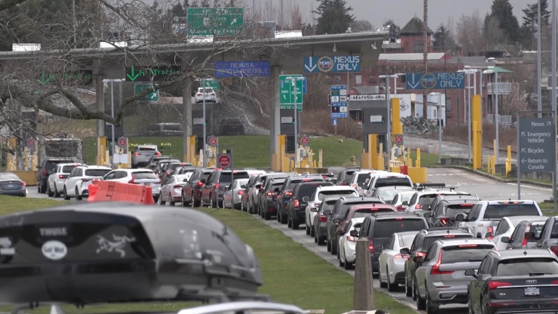 Hundreds of cars lined up at the Peace Arch border crossing Friday morning. By noon, the U.S. Customs and Border Patrol website reported a three-hour-long wait. (CTV)