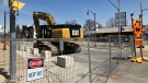 A portion of Erie Street North is closed as demolition of the Adamson Guardian Pharmacy near the explosion site in Wheatley, Ont. on Tuesday, April 11, 2023. (Sijia Liu/CTV News Windsor)