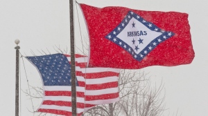 In this Feb. 1, 2011 file photo, an American and Arkansas flag blow in the wind as snow falls in Fayetteville, Ark. (AP Photo/Beth Hall, File)