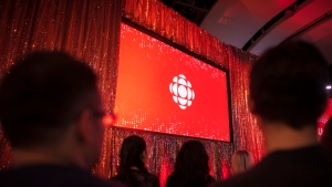 The CBC logo is projected onto a screen during the CBC's annual upfront presentation at The Mattamy Athletic Centre in Toronto, Wednesday, May 29, 2019. THE CANADIAN PRESS/Tijana Martin