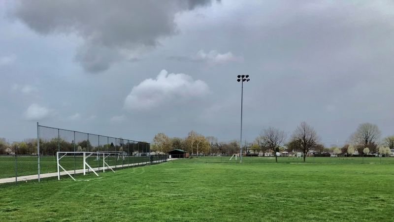 Soccer field at the Ford Test Track in Windsor, Ont. on Monday, April 17, 2023. (Gary Archibald/CTV News Windsor)