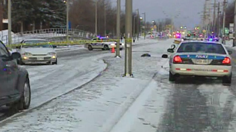 Police investigate a collision that sent a 13-year-old pedestrian to hospital with critical injuries, Thursday, Jan. 28, 2010.