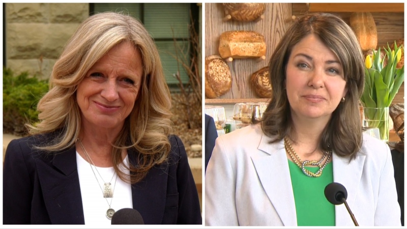 NDP Leader Rachel Notley and Premier Danielle Smith speak to reporters in Calgary on April 26, 2023. (CTV News Calgary)