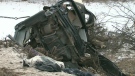 The twisted wreck of a 1997 Volkswagen lies in the ditch beside Keele Street in King Township following a fatal crash on Monday, Feb. 1, 2010.