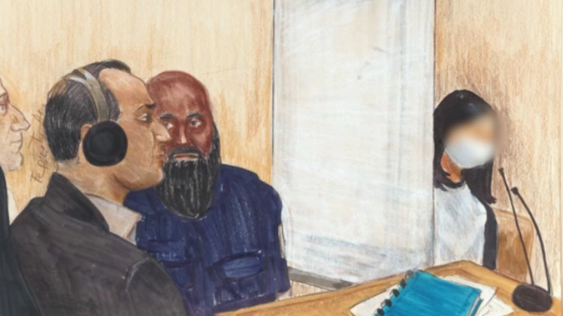 This sketch shows a witness testifying from behind a screen in the trial of a man accused of murdering a B.C. teen in 2017. 